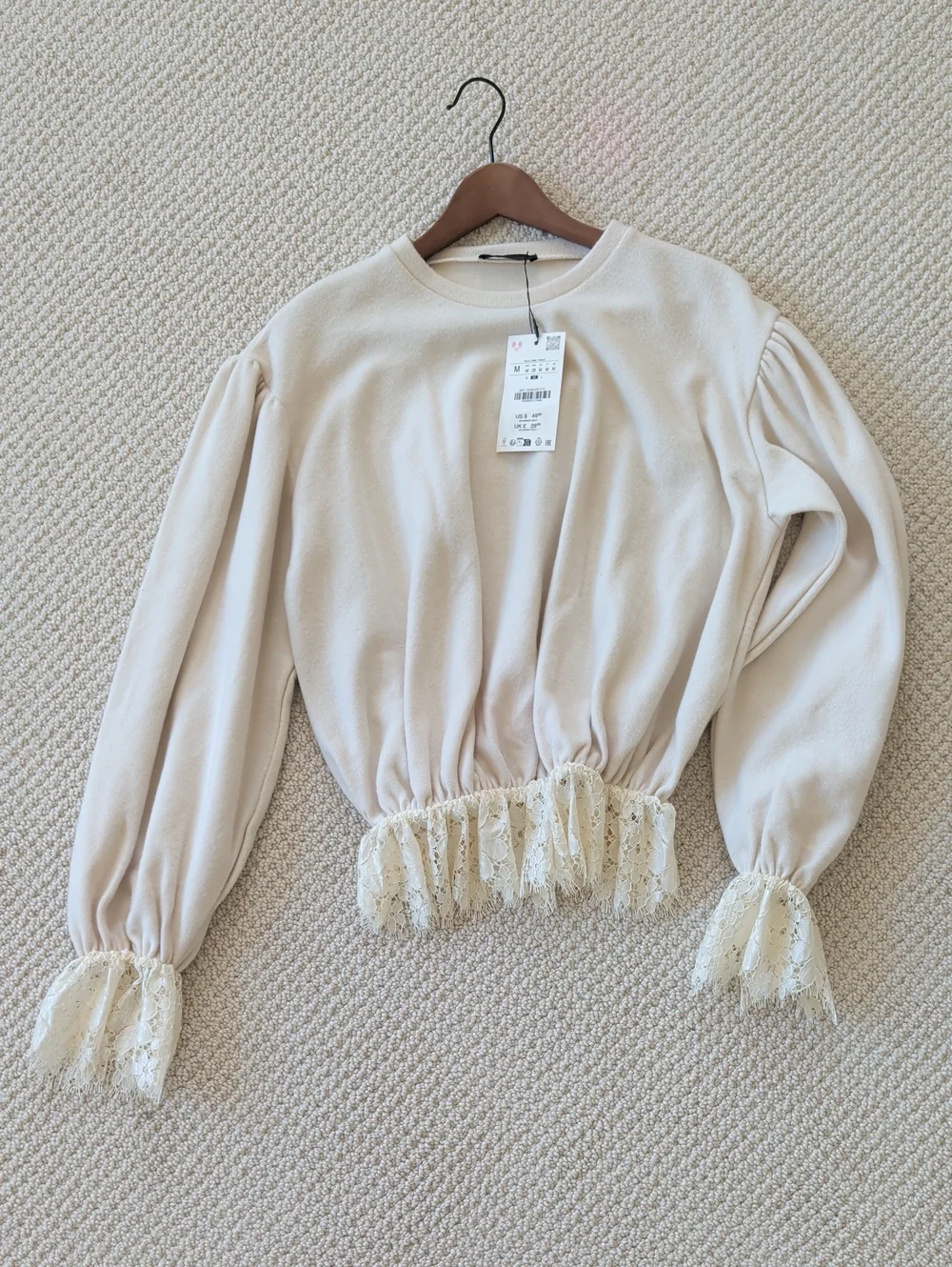 Zara Cream Lace-Hem Puff Sleeve Sweatshirt